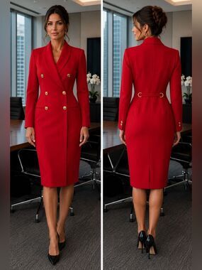 Tahari Holt Renfrew Red Wool Military Double-Breasted Power Blazer Dress Size